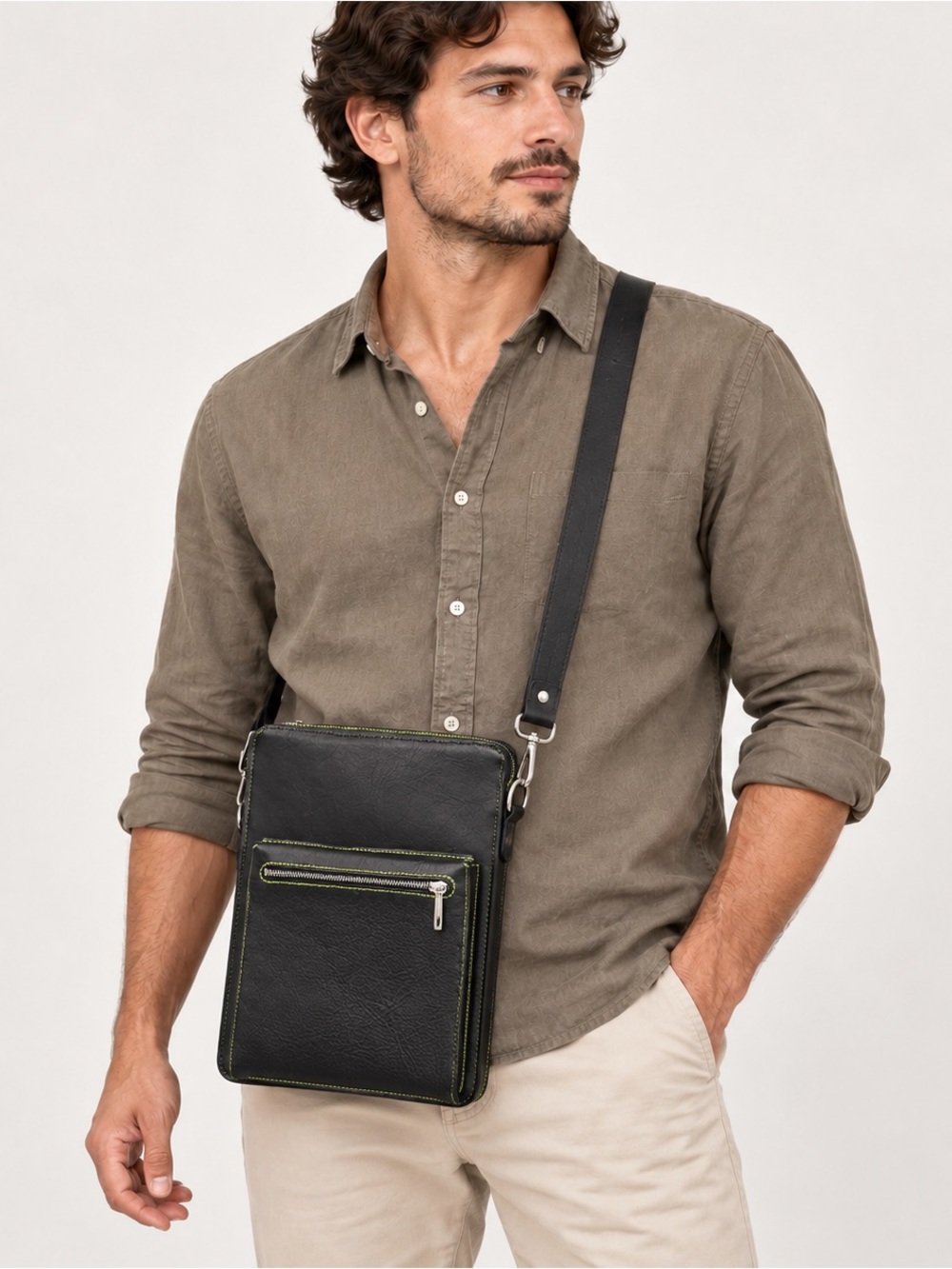 Handmade Black Leather Crossbody Organizer Green Stitching Zipper Pockets